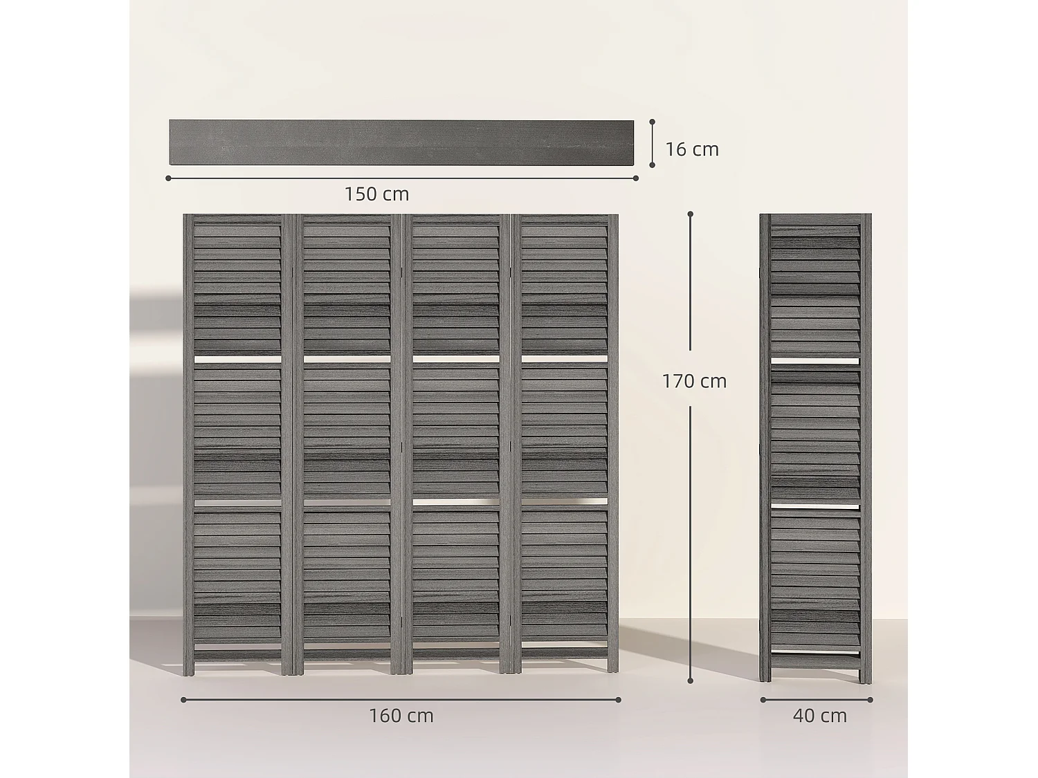 Paravent intérieur 4 panneaux 3 étagères pliables séparateur de pièce portes persiennes bois de paulownia gris