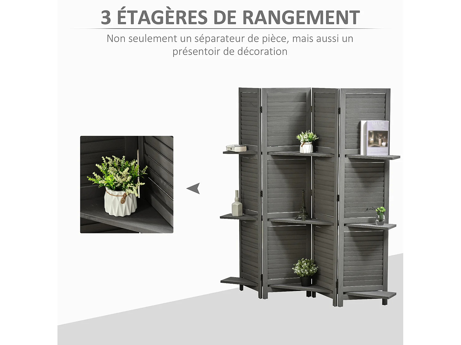 Paravent intérieur 4 panneaux 3 étagères pliables séparateur de pièce portes persiennes bois de paulownia gris