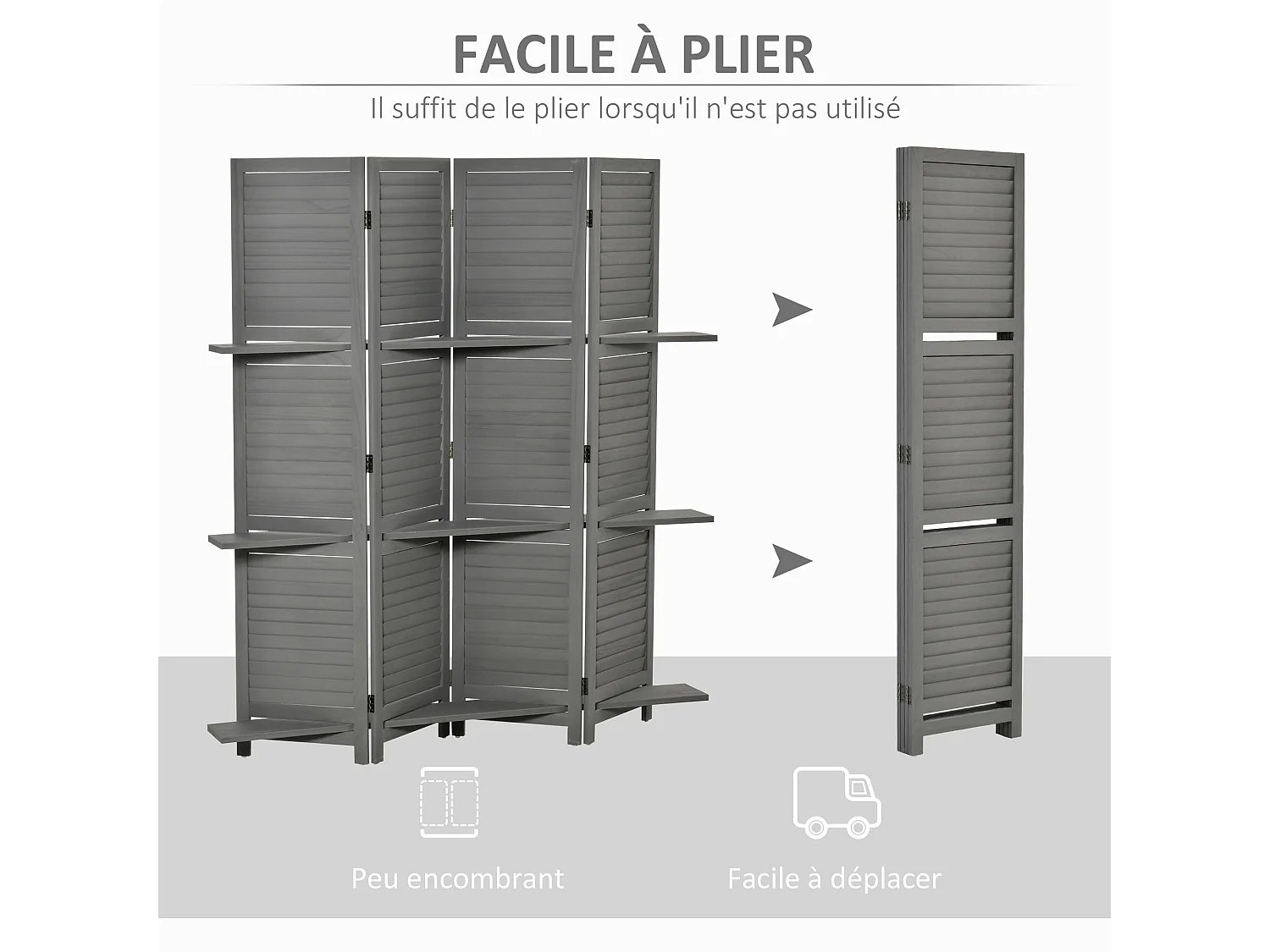 Paravent intérieur 4 panneaux 3 étagères pliables séparateur de pièce portes persiennes bois de paulownia gris