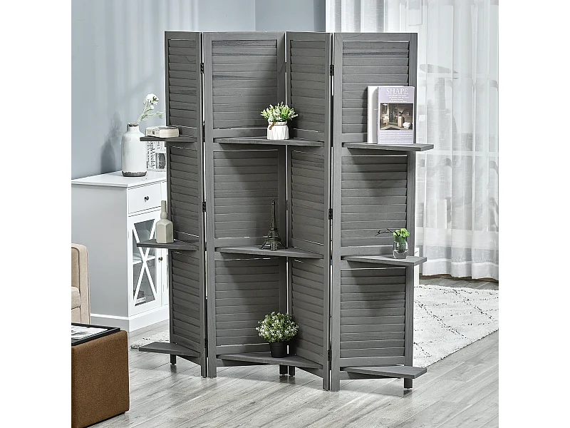 Paravent intérieur 4 panneaux 3 étagères pliables séparateur de pièce portes persiennes bois de paulownia gris