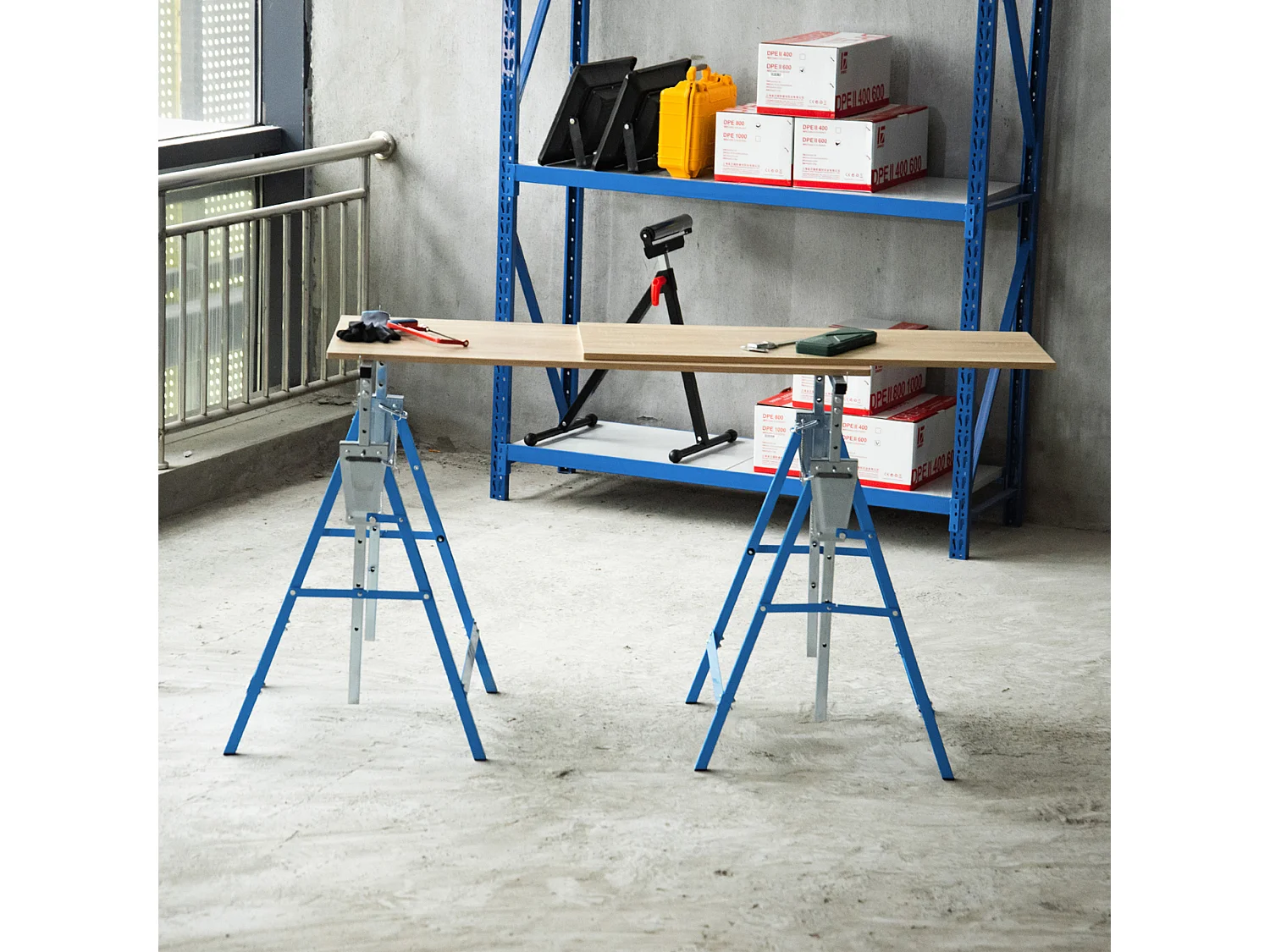 Lot de 2 tréteaux pliables télescopiques hauteur réglable 80-130 cm bleu