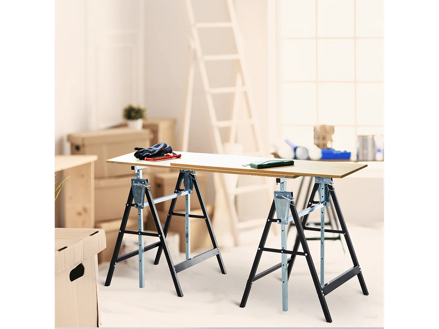 Lot de 2 tréteaux pliables télescopiques hauteur réglable 80-130 cm noir