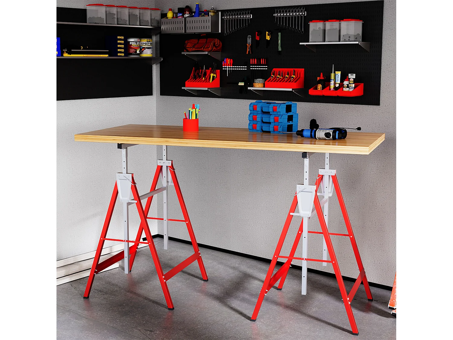 Lot de 2 tréteaux pliables télescopiques hauteur réglable 80-130 cm rouge