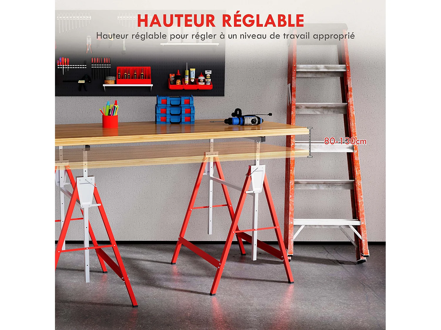 Lot de 2 tréteaux pliables télescopiques hauteur réglable 80-130 cm rouge