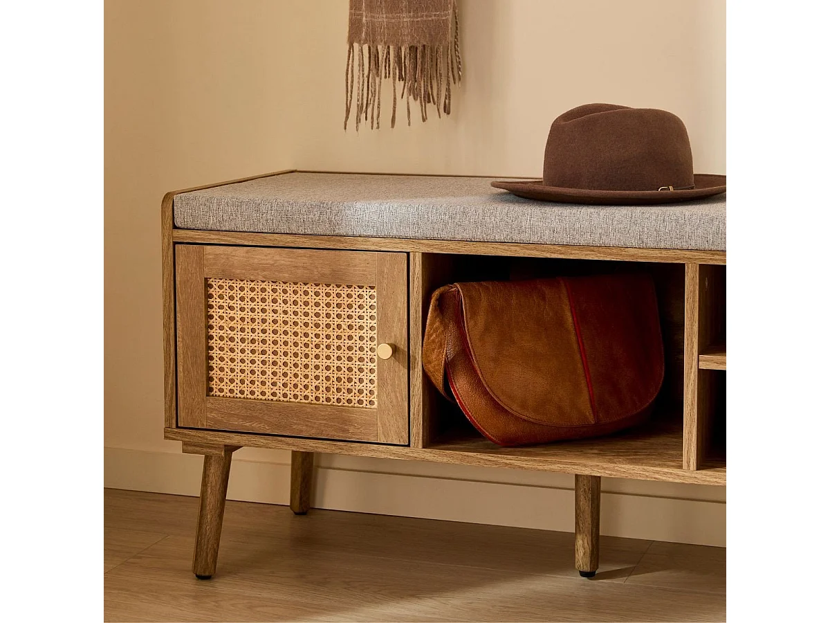 Banc à chaussures 1 porte avec façade en rotin L100 cm PALMO