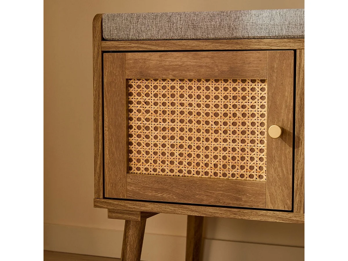 Banc à chaussures 1 porte avec façade en rotin L100 cm PALMO