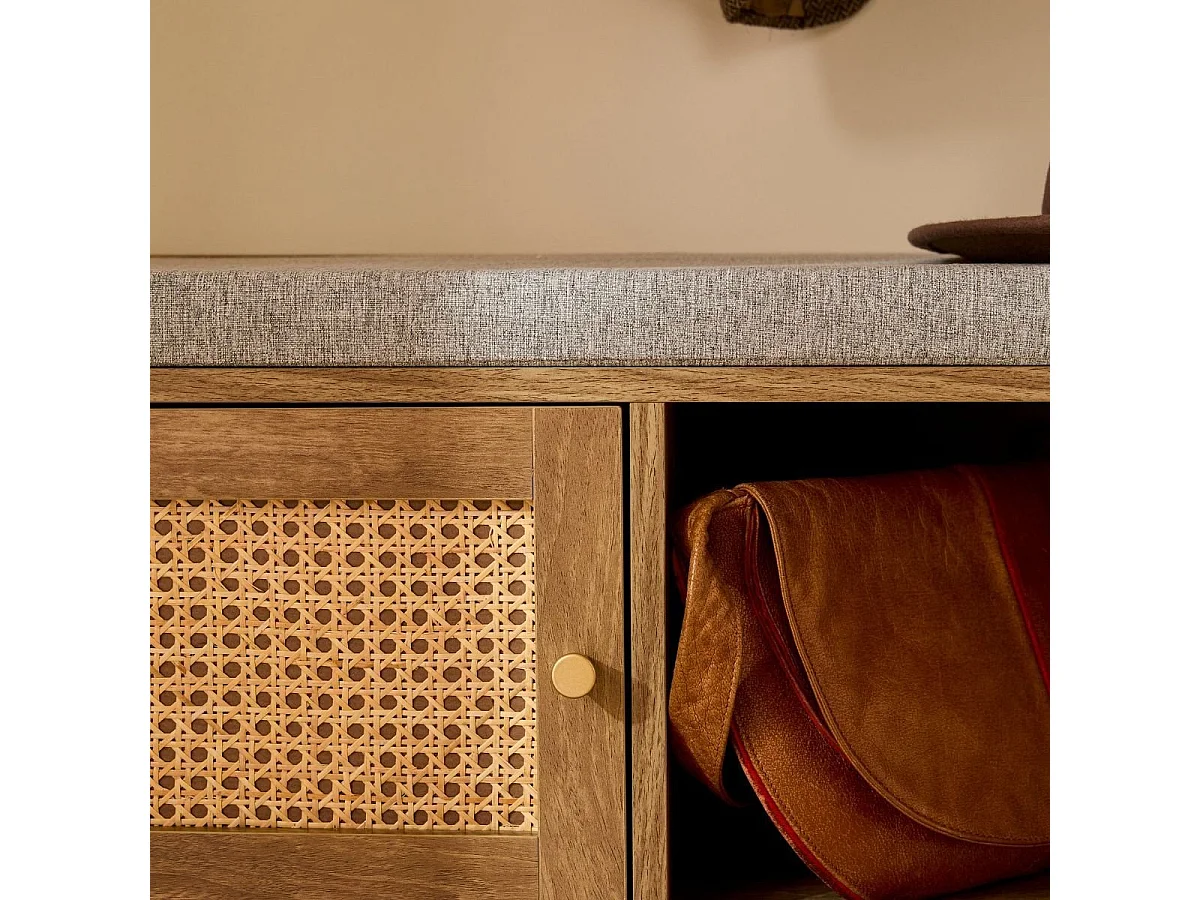 Banco de zapatos de 1 puerta con fachada de ratán y 3 nichos abiertos L100 cm - PALMO