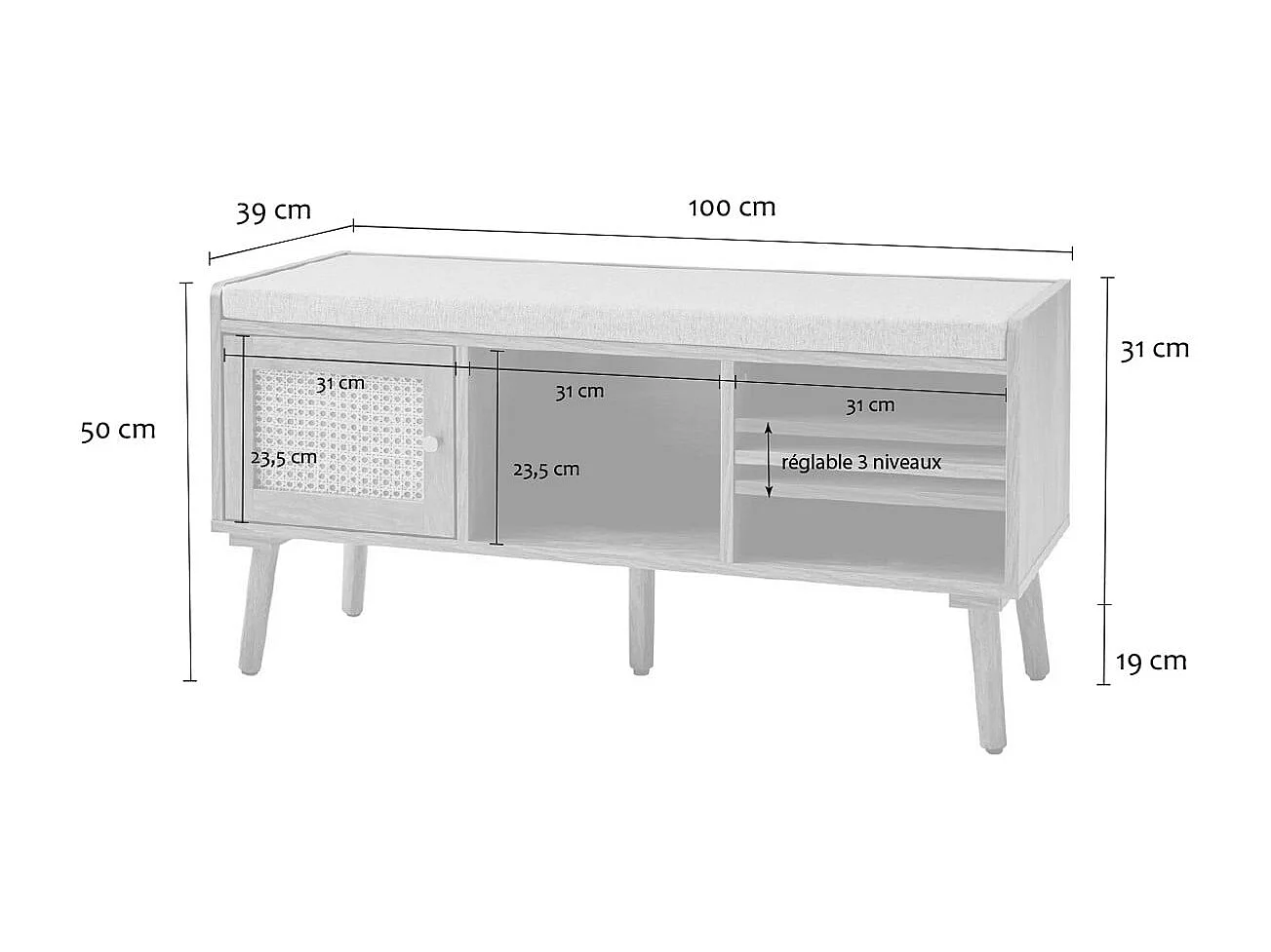 Banco de zapatos de 1 puerta con fachada de ratán y 3 nichos abiertos L100 cm - PALMO