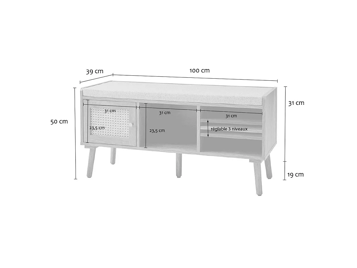 Shoe bench with 1 door and rattan front, 100 cm wide, PALMO