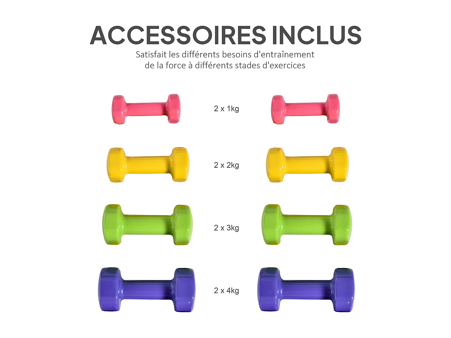 Ensemble d'haltères hexagonales total 20 Kg 8 pièces 1-4 Kg acier PU multicolore