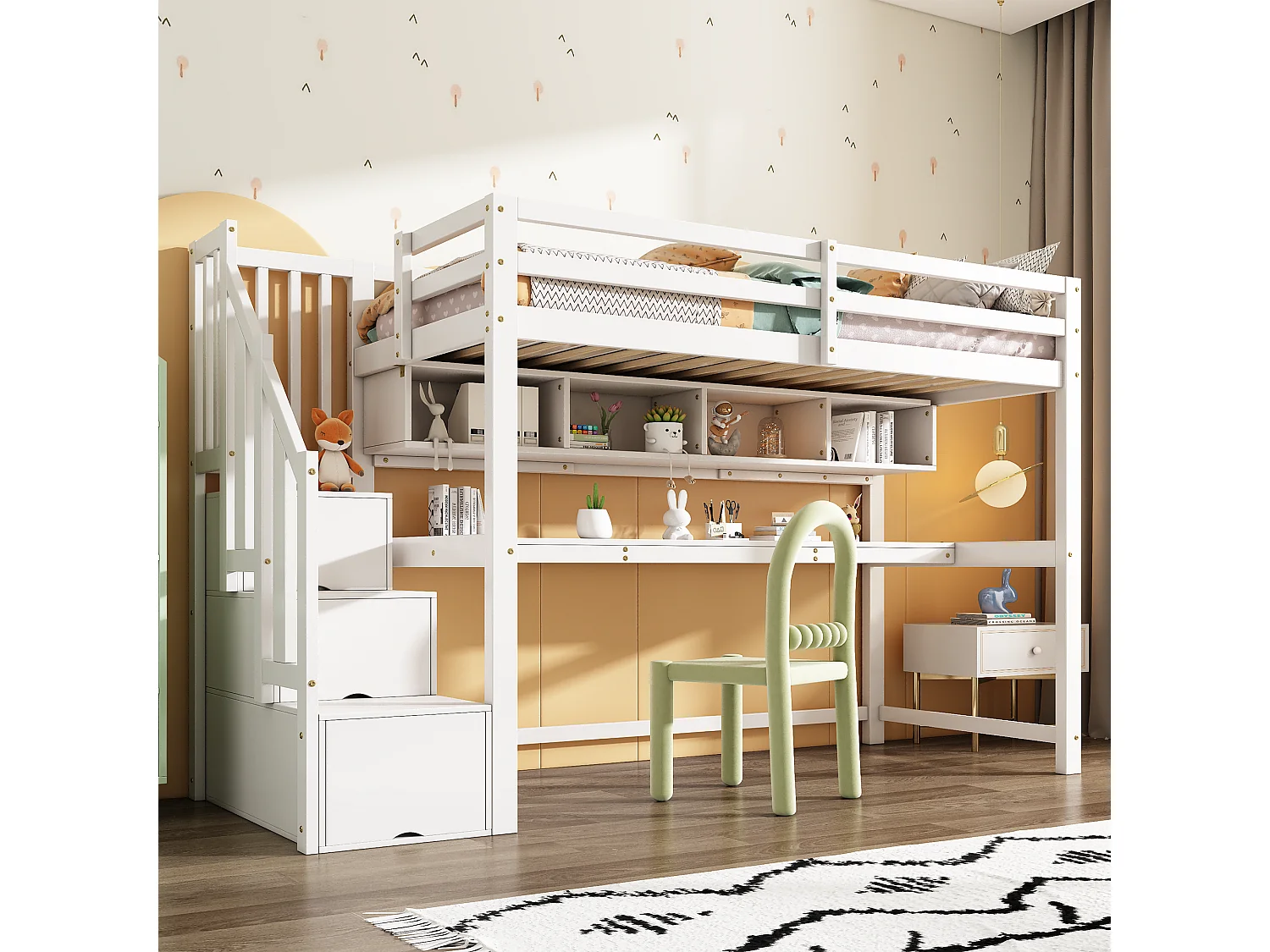 Lit mezzanine enfant - 90 x 200 cm - avec bureau et étagères - 4 rangements dans l'escalier - bois massif + MDF - blanc