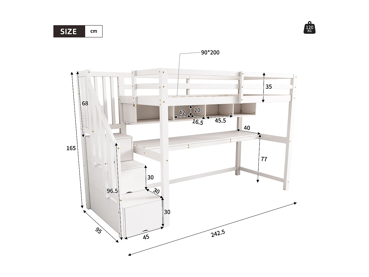 Lit mezzanine enfant - 90 x 200 cm - avec bureau et étagères - 4 rangements dans l'escalier - bois massif + MDF - blanc