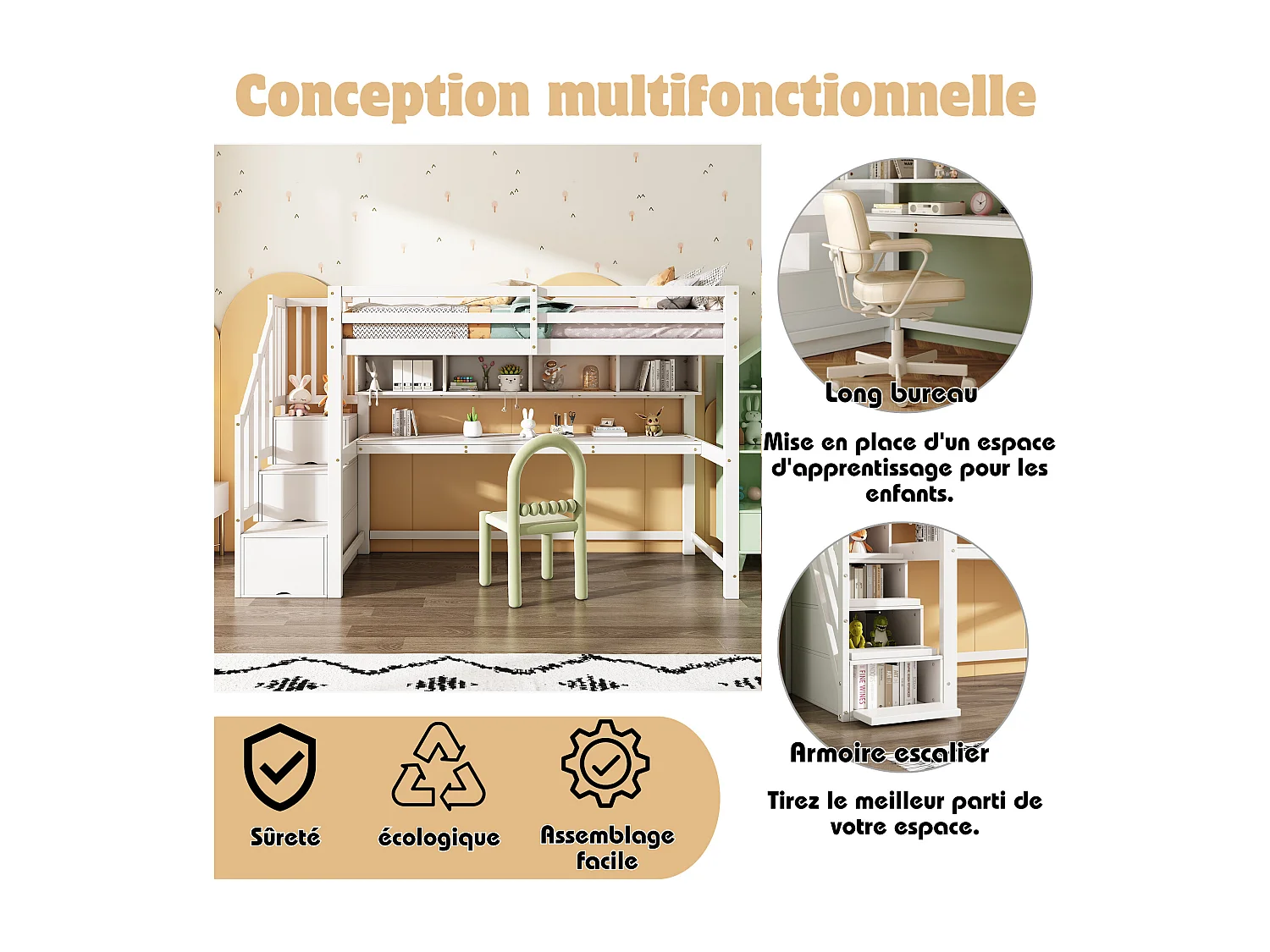 Lit mezzanine enfant - 90 x 200 cm - avec bureau et étagères - 4 rangements dans l'escalier - bois massif + MDF - blanc