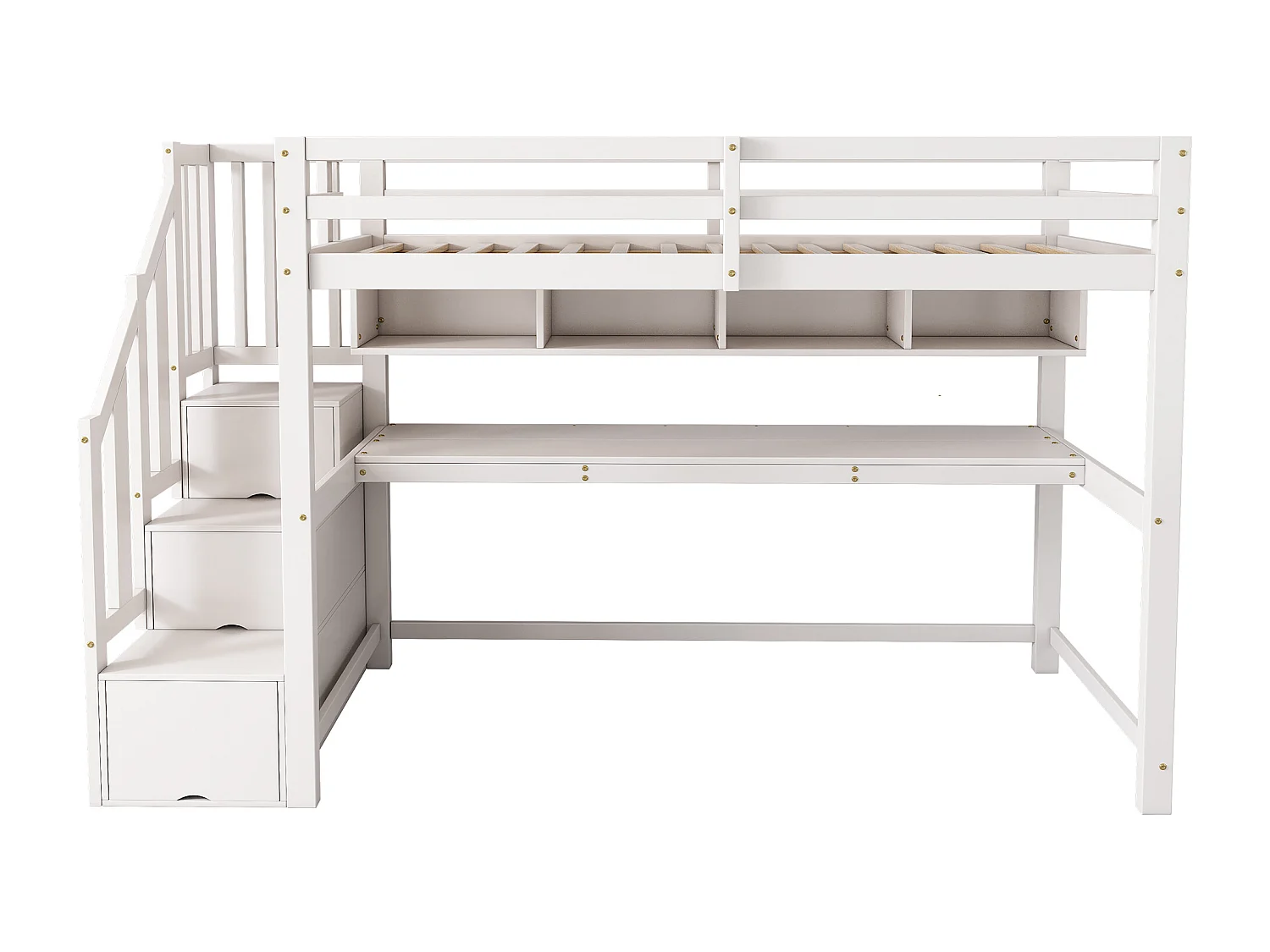 Lit mezzanine enfant - 90 x 200 cm - avec bureau et étagères - 4 rangements dans l'escalier - bois massif + MDF - blanc