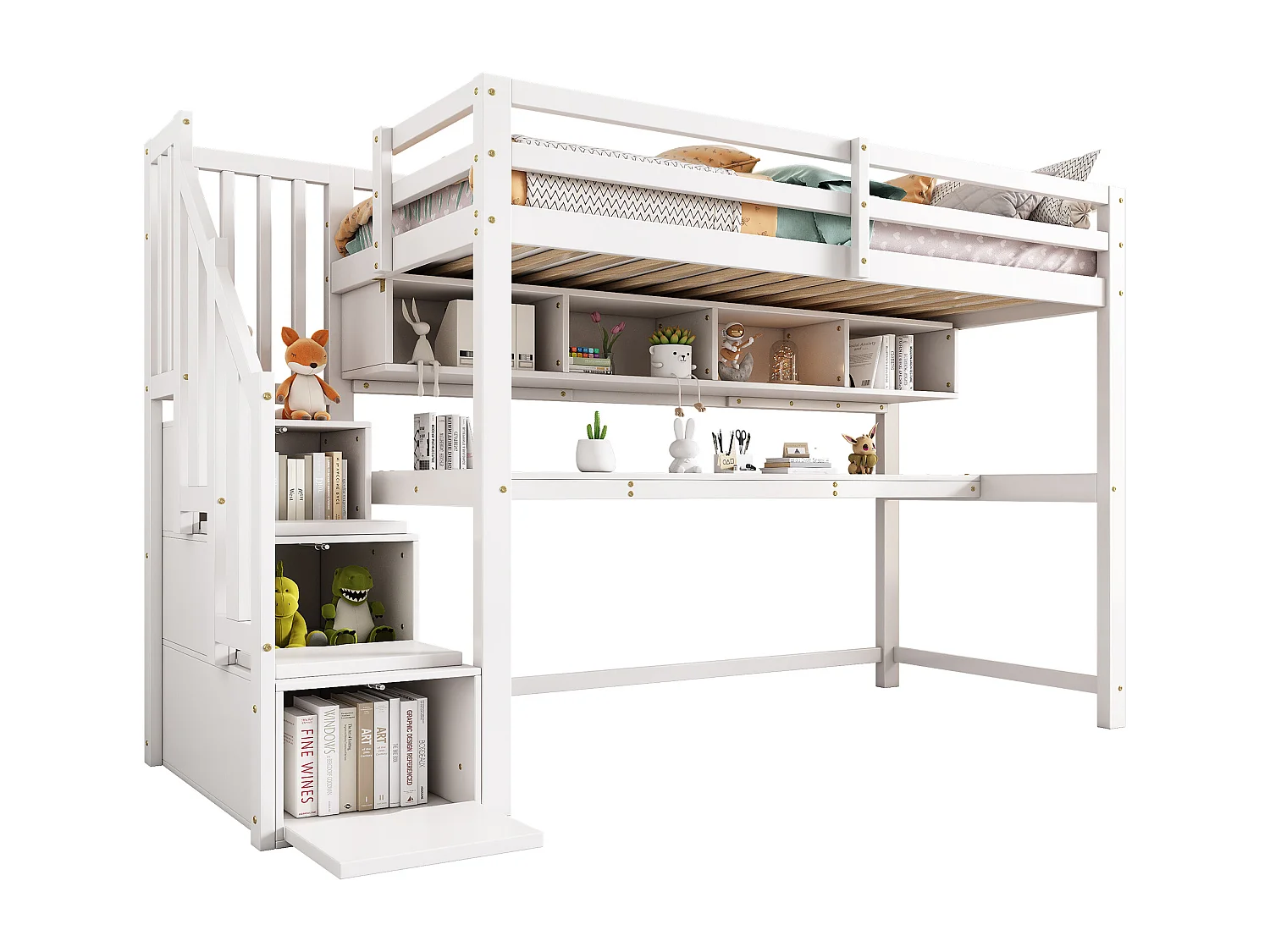 Letto a soppalco per bambini - 90 x 200 cm - con scrivania e ripiani - 4 vani portaoggetti nella tromba delle scale - legno massello + MDF - bianco