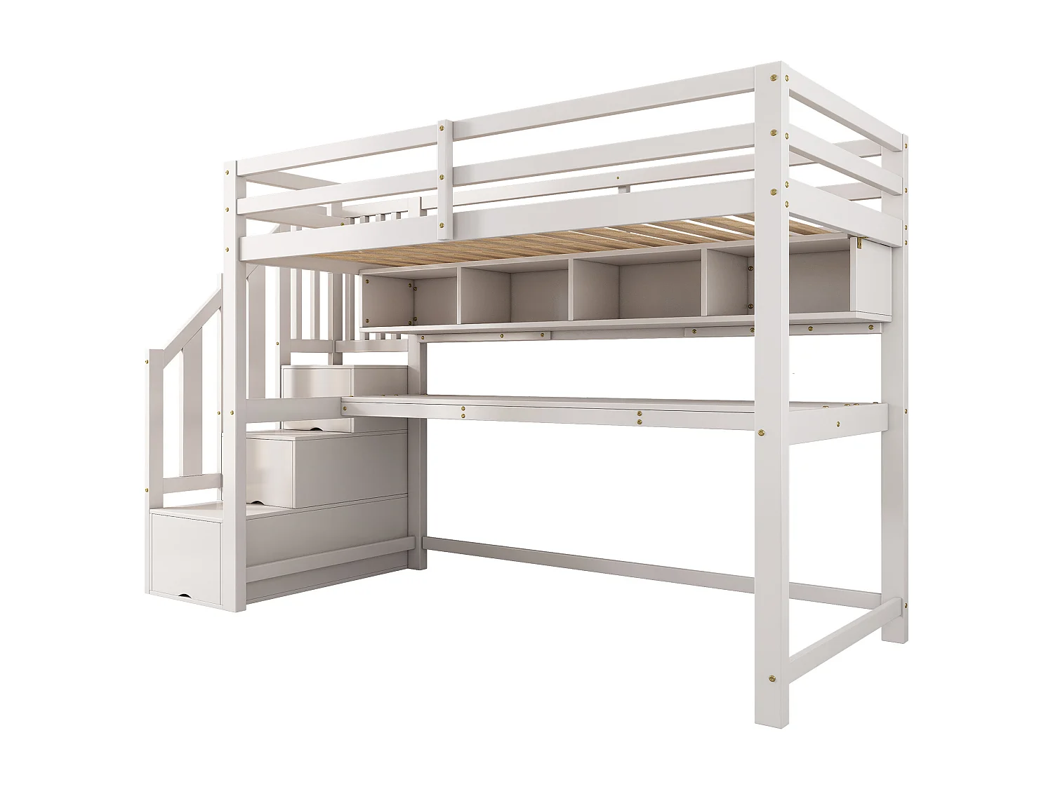 Letto a soppalco per bambini - 90 x 200 cm - con scrivania e ripiani - 4 vani portaoggetti nella tromba delle scale - legno massello + MDF - bianco