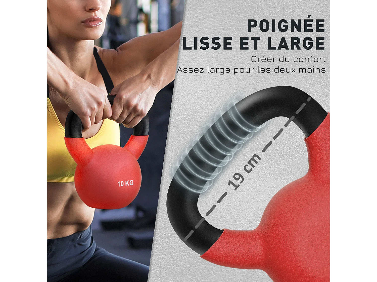 Kettlebell 10 Kg en métal large poignée antidérapante fond plat rouge noir