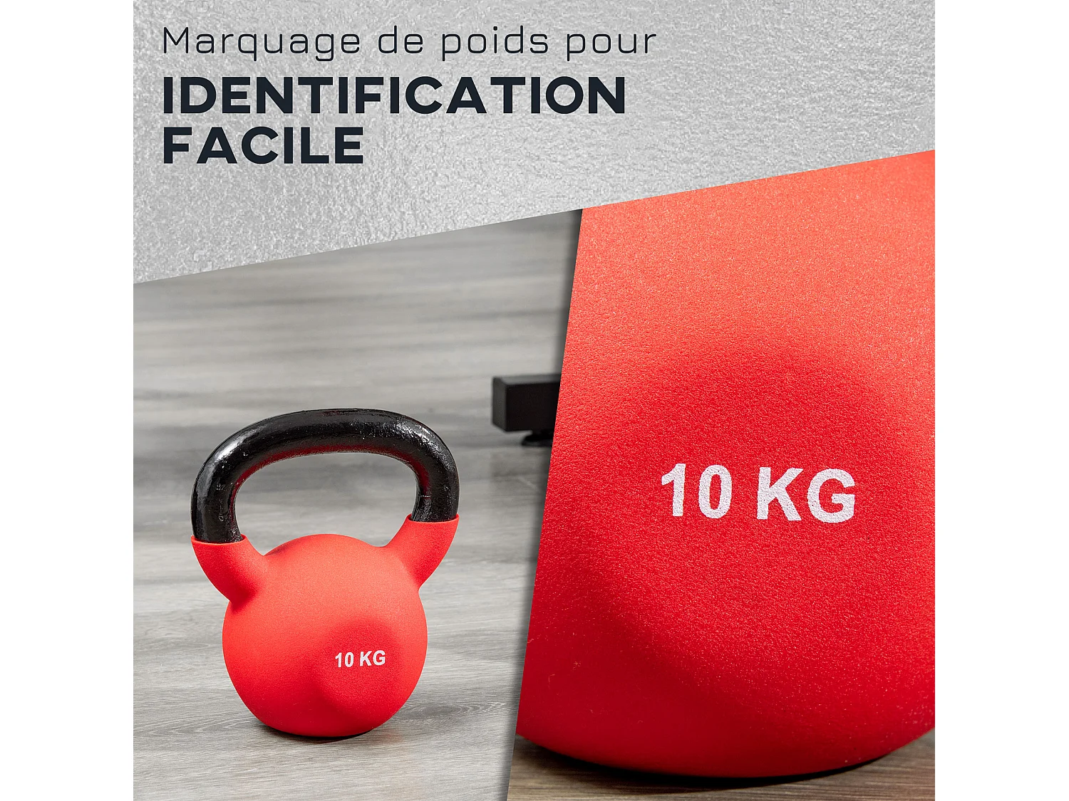 Kettlebell 10 Kg en métal large poignée antidérapante fond plat rouge noir