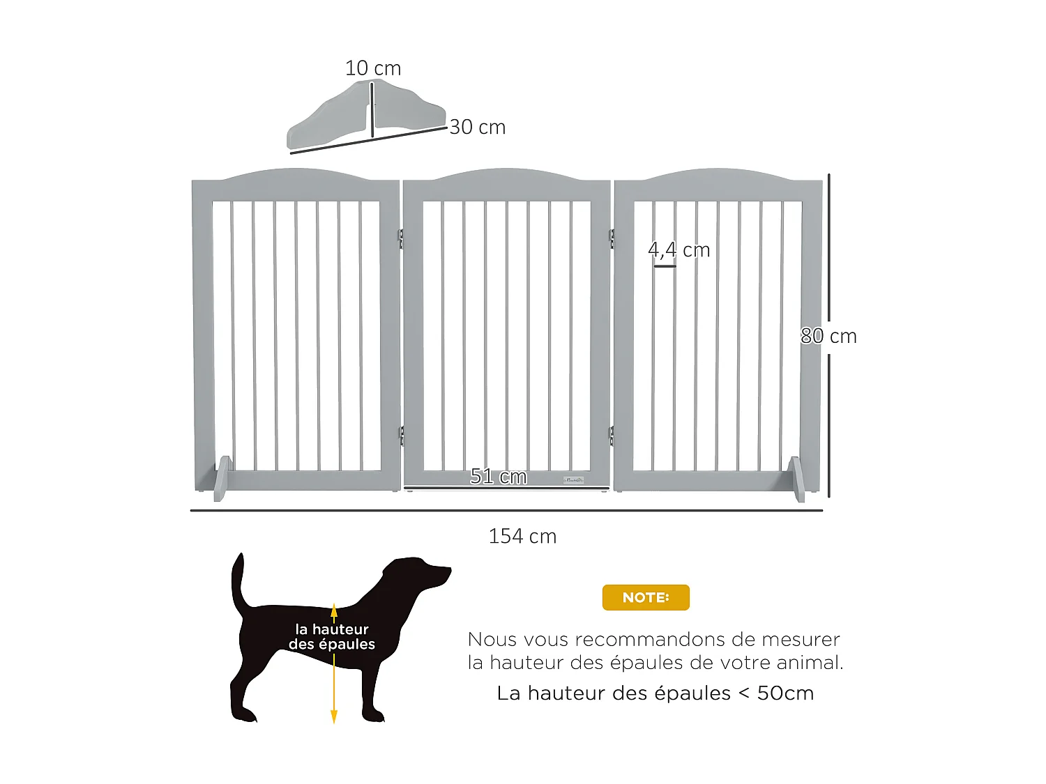 Barrière de sécurité chien pliable 3 plaques 2 pieds de soutien H.80 cm gris