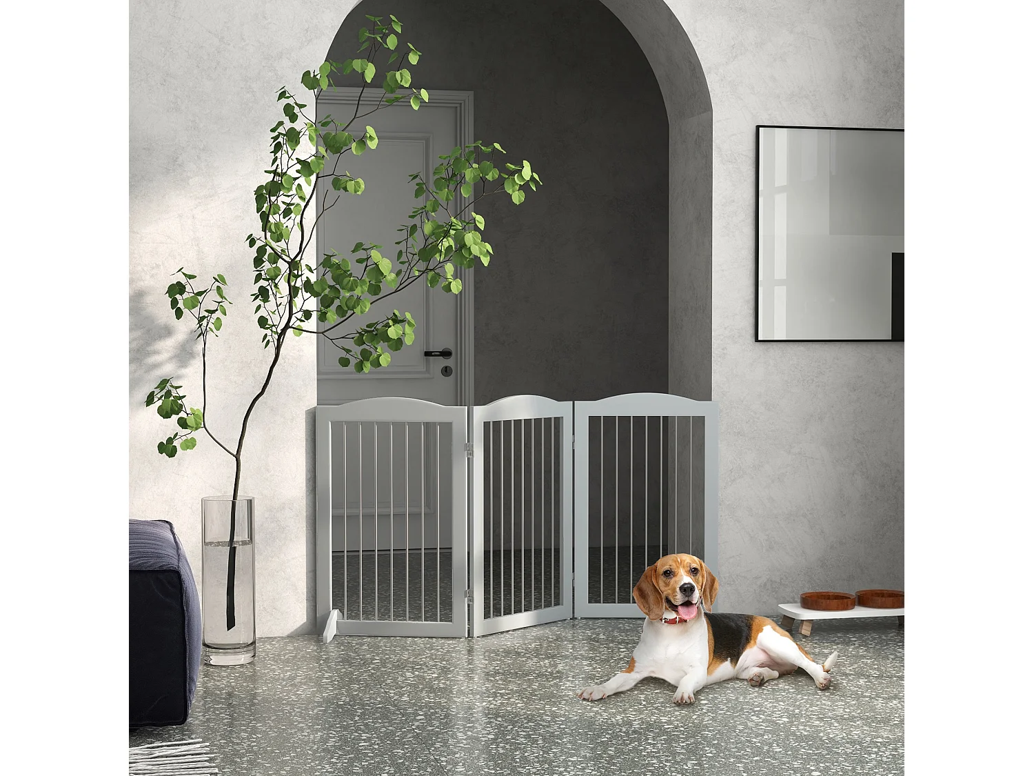 Barrière de sécurité chien pliable 3 plaques 2 pieds de soutien H.80 cm gris