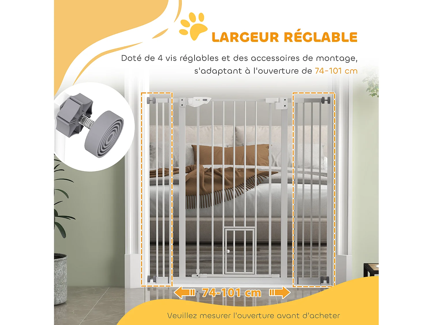Barrière de sécurité chien H.104 cm - porte double verrouillage - sans perçage - acier blanc
