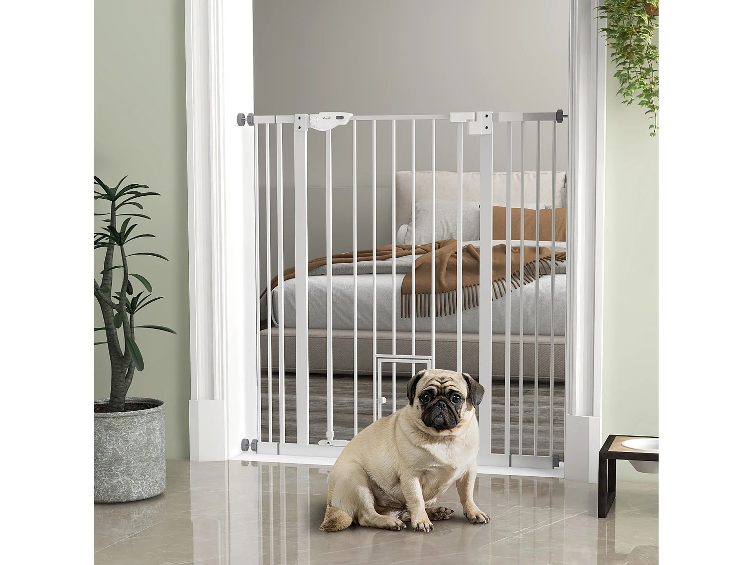 Barrière de sécurité chien H.104 cm - porte double verrouillage - sans perçage - acier blanc