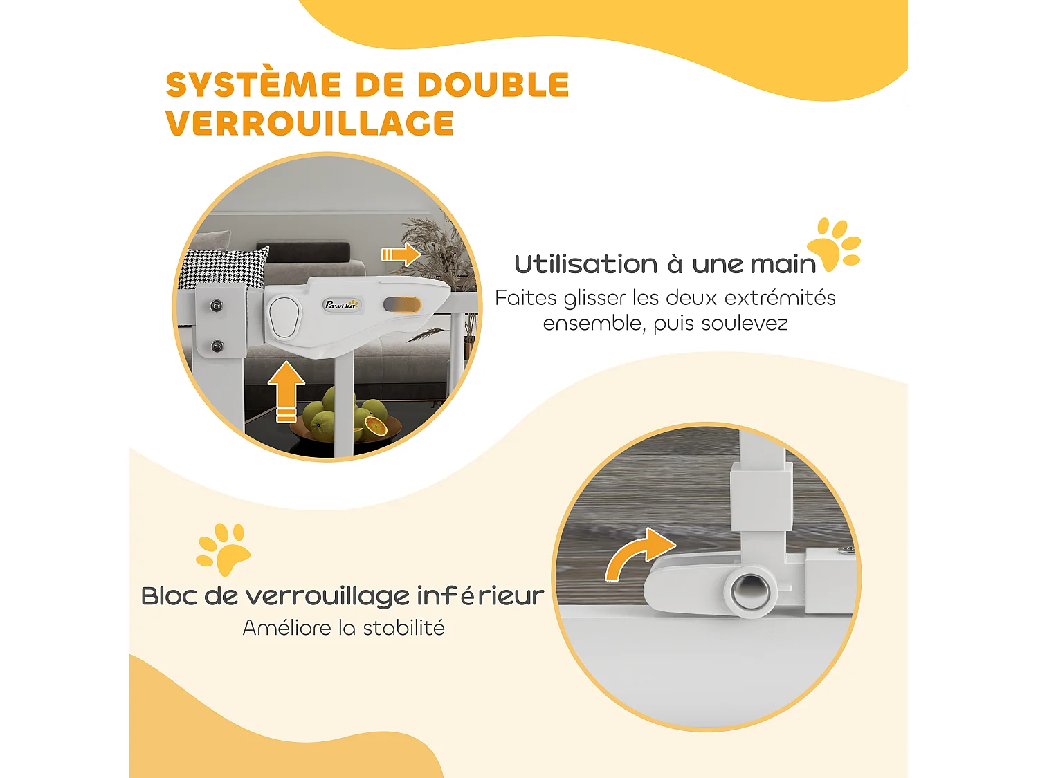 Barrière de sécurité chien H.104 cm - porte double verrouillage - sans perçage - acier blanc