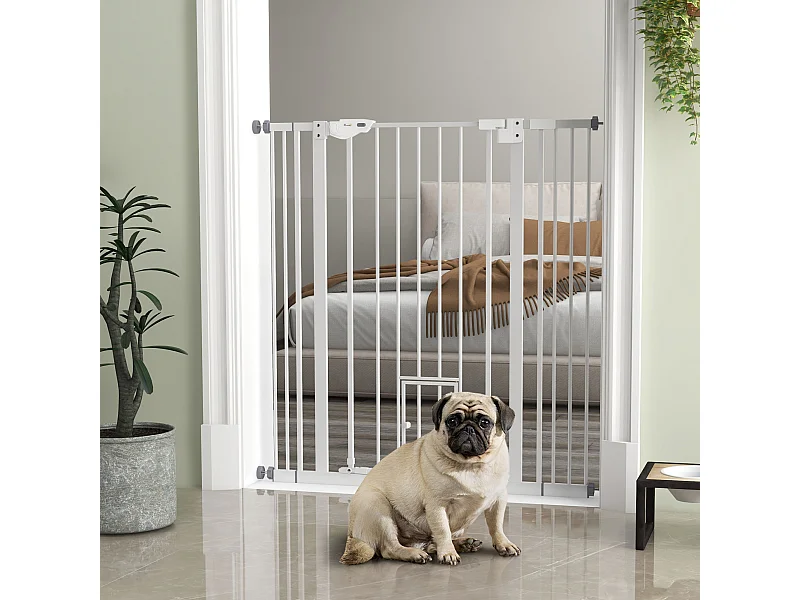 Barrière de sécurité chien H.104 cm - porte double verrouillage - sans perçage - acier blanc