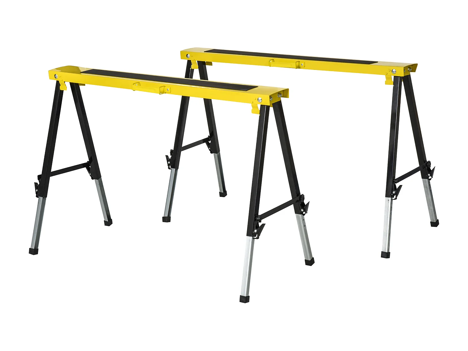 Lot de 2 tréteaux pliables telescopiques poignée transport dim. 100L x 49l x 62-89,5H cm surface antidérapante métal noir jaune