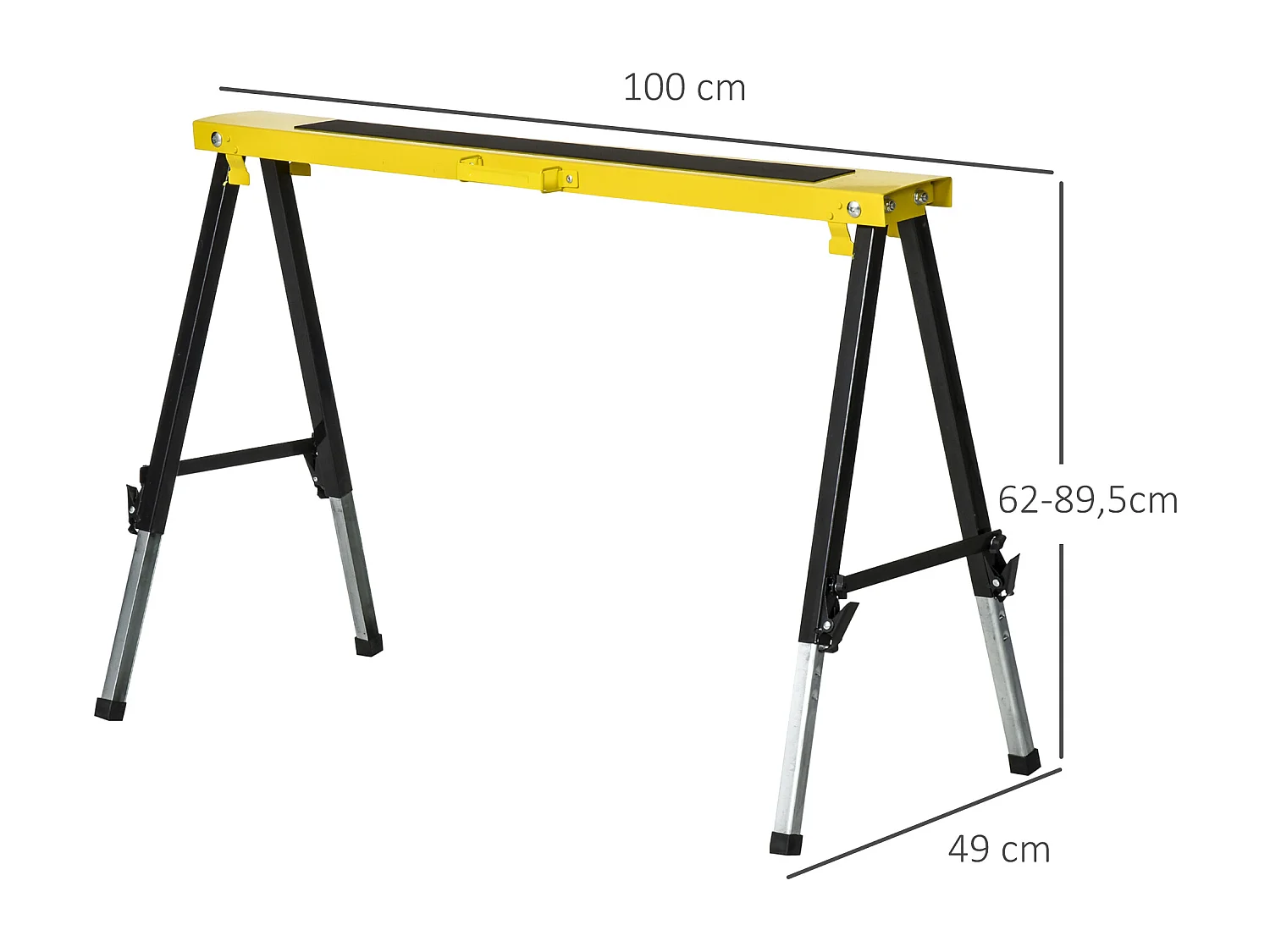 Lot de 2 tréteaux pliables telescopiques poignée transport dim. 100L x 49l x 62-89,5H cm surface antidérapante métal noir jaune
