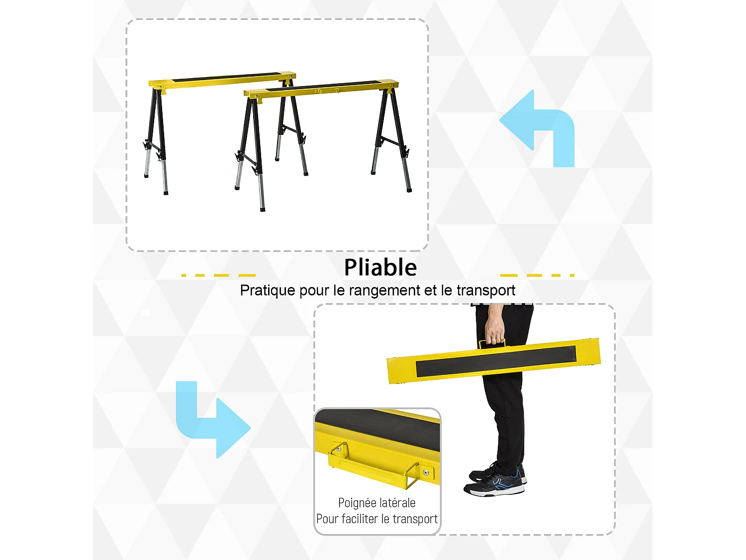 Lot de 2 tréteaux pliables telescopiques poignée transport dim. 100L x 49l x 62-89,5H cm surface antidérapante métal noir jaune