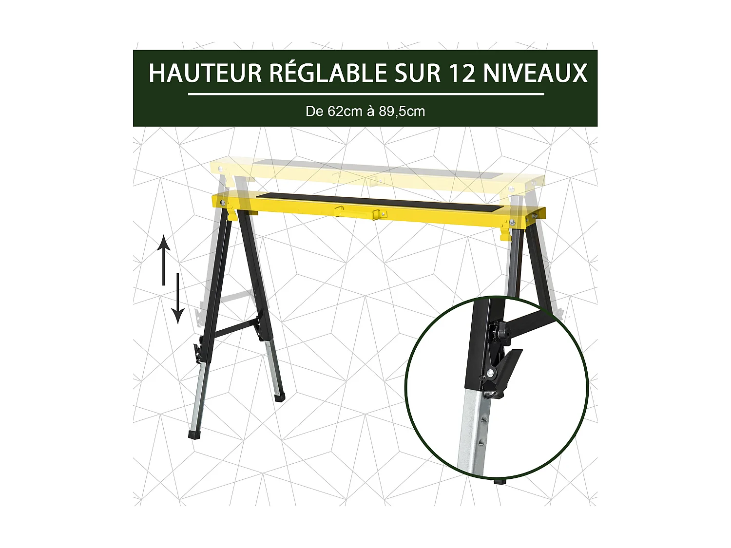 Lot de 2 tréteaux pliables telescopiques poignée transport dim. 100L x 49l x 62-89,5H cm surface antidérapante métal noir jaune