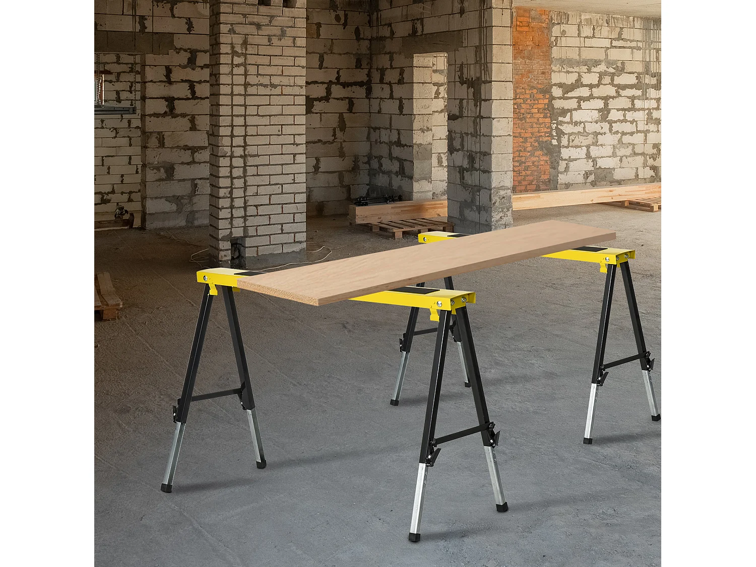 Lot de 2 tréteaux pliables telescopiques poignée transport dim. 100L x 49l x 62-89,5H cm surface antidérapante métal noir jaune