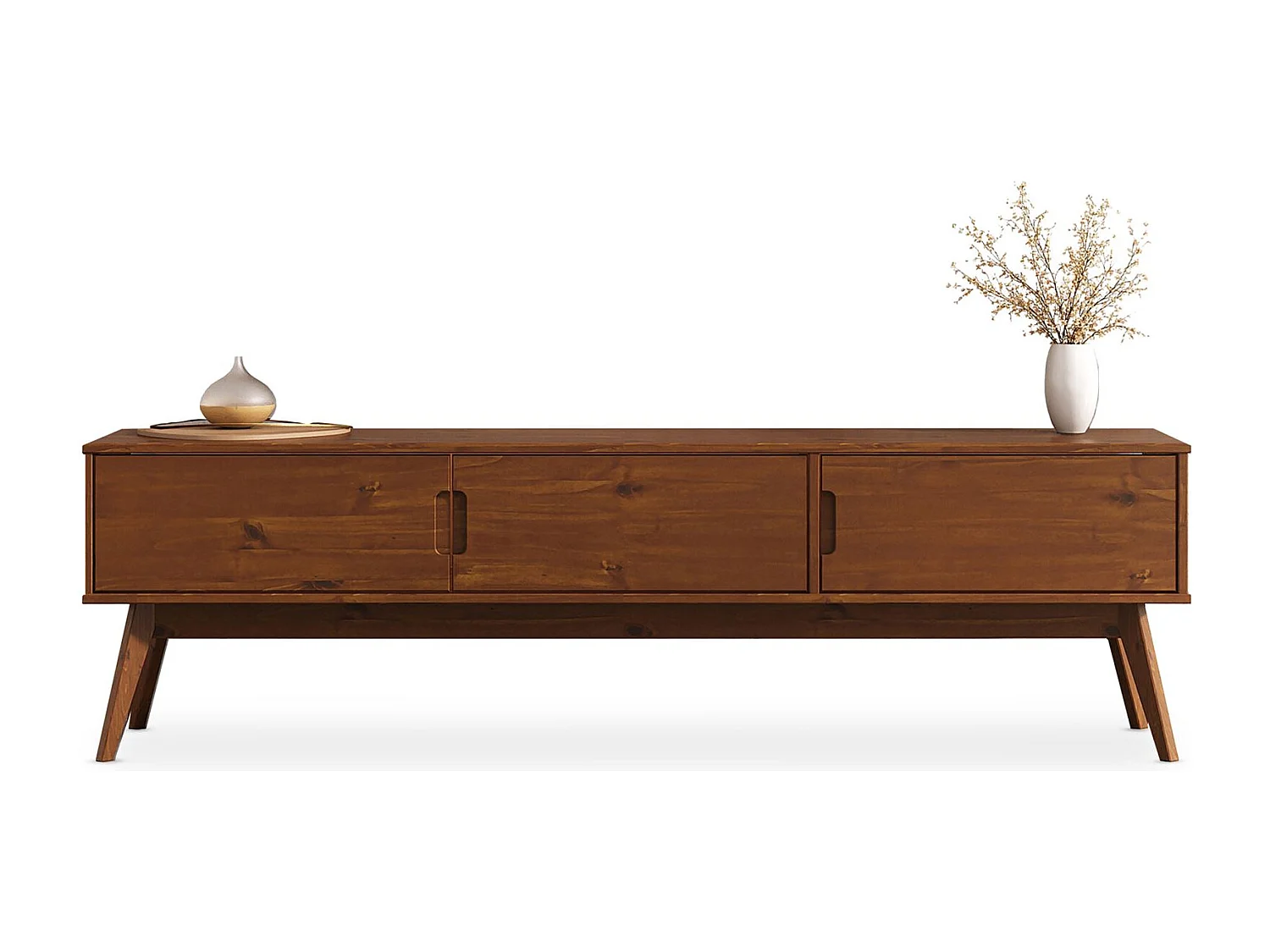 Meuble TV TIVOLI L 180 cm en Bois Massif Coloris Châtaignier avec 3 Portes Pour Télé Jusqu'à 80"