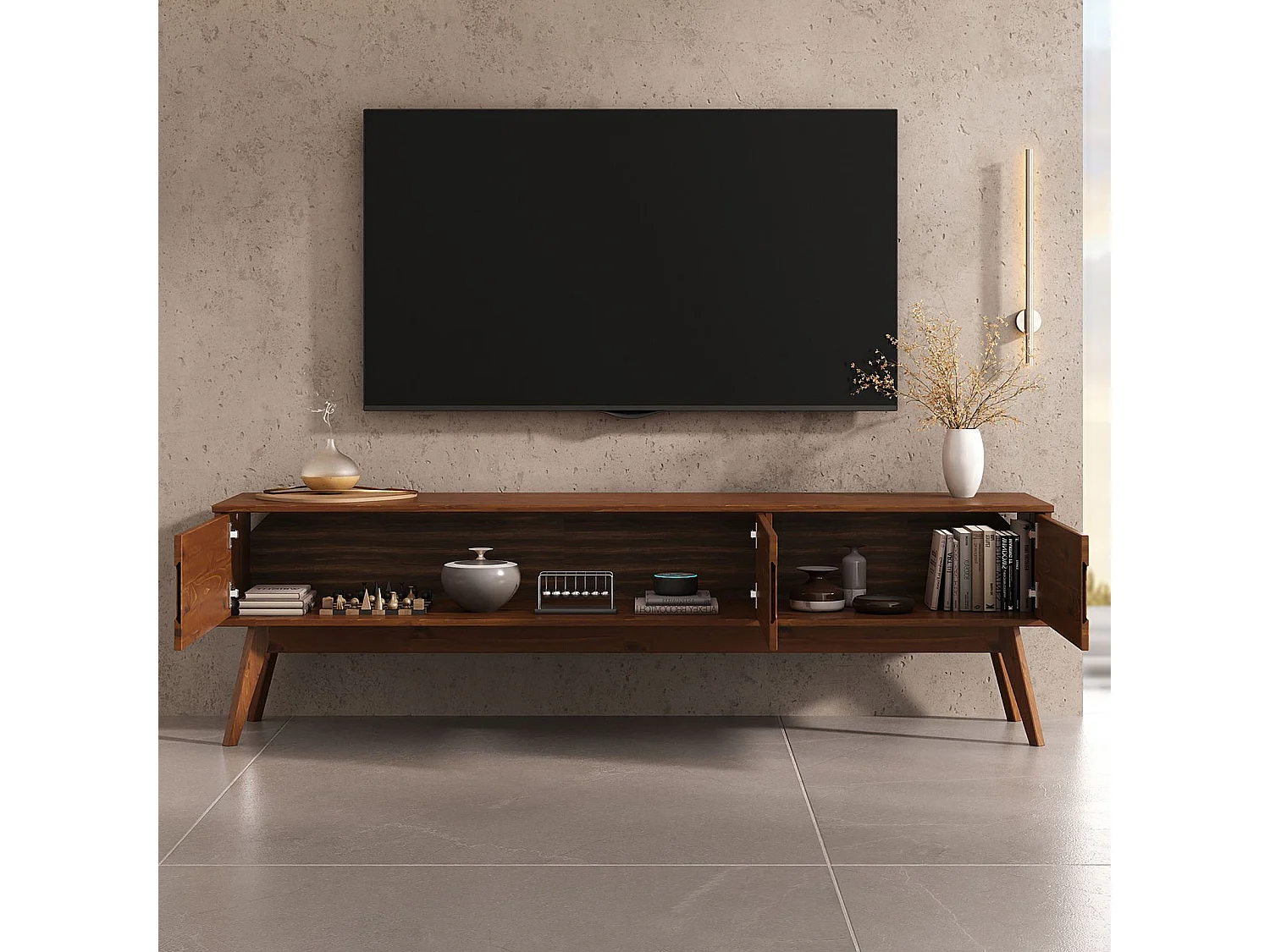 Meuble TV TIVOLI L 180 cm en Bois Massif Coloris Châtaignier avec 3 Portes Pour Télé Jusqu'à 80"