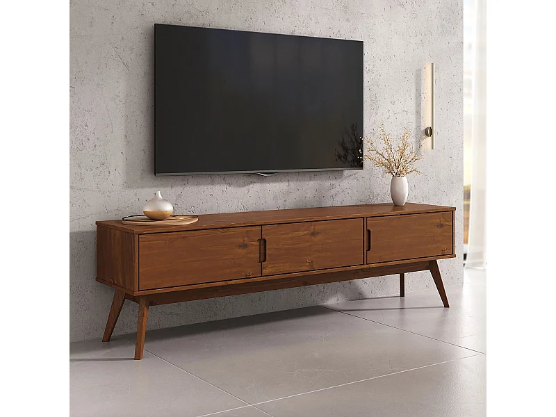 Meuble TV TIVOLI L 180 cm en Bois Massif Coloris Châtaignier avec 3 Portes Pour Télé Jusqu'à 80"