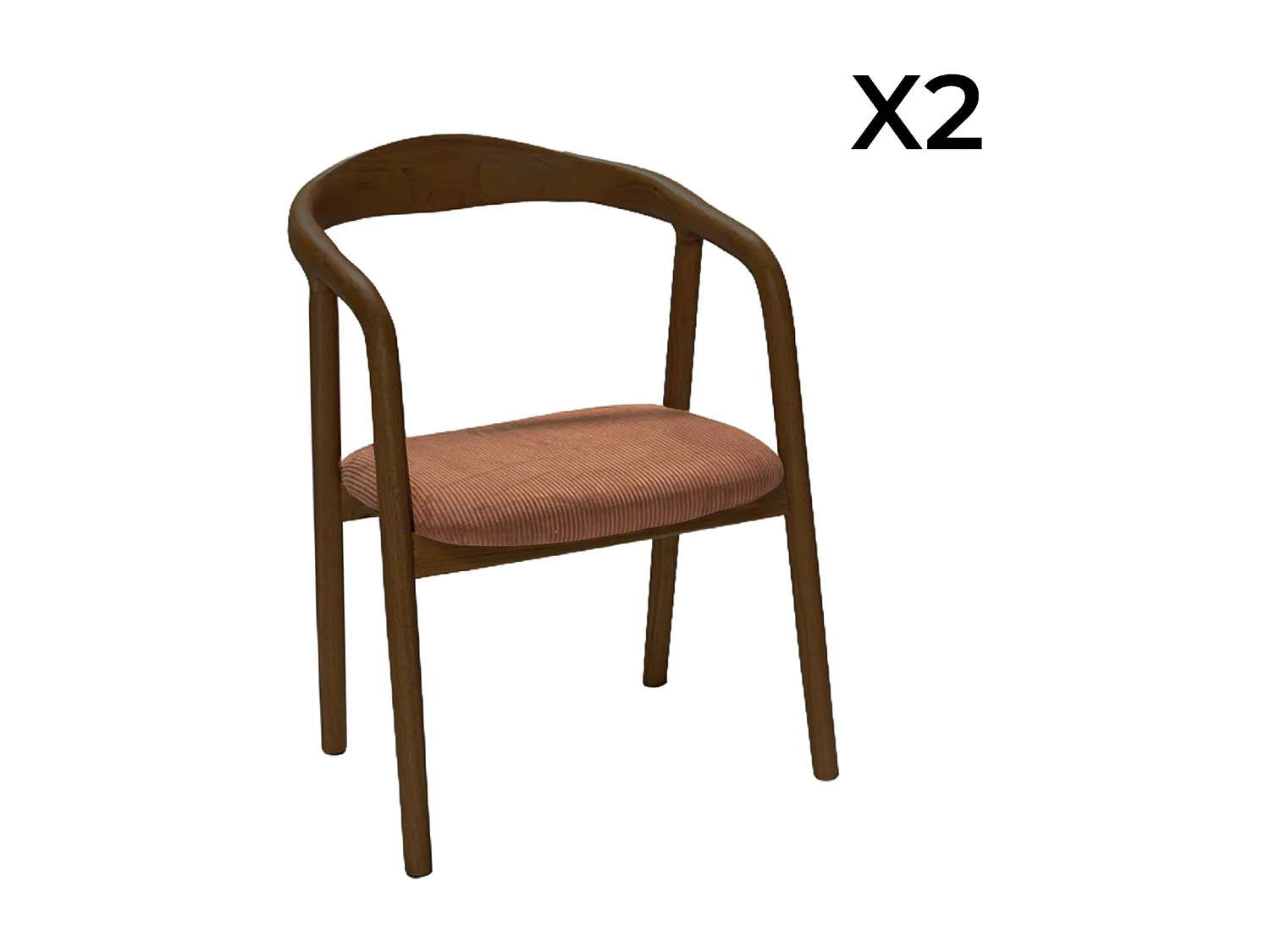 Lot de 2 fauteuils vintage bois d'hévéa noyer et velours côtelé terracotta - L 55 x P 58 x H 79 cm