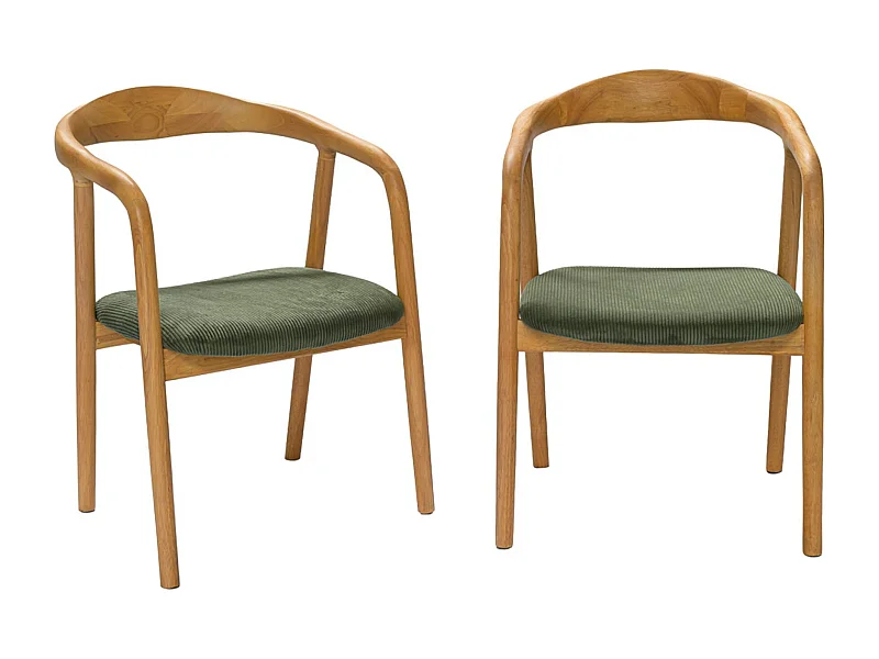 Lot de 2 fauteuils vintage bois d'hévéa naturel et velours côtelé kaki - L 55 x P 58 x H 79 cm