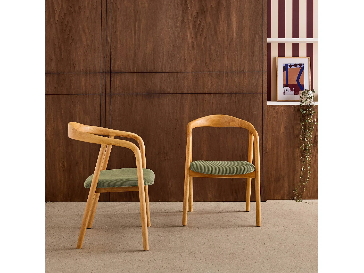 Set di 2 sedie vintage in legno di hevea e velluto a coste Marrone naturale - 55x58x79 cm