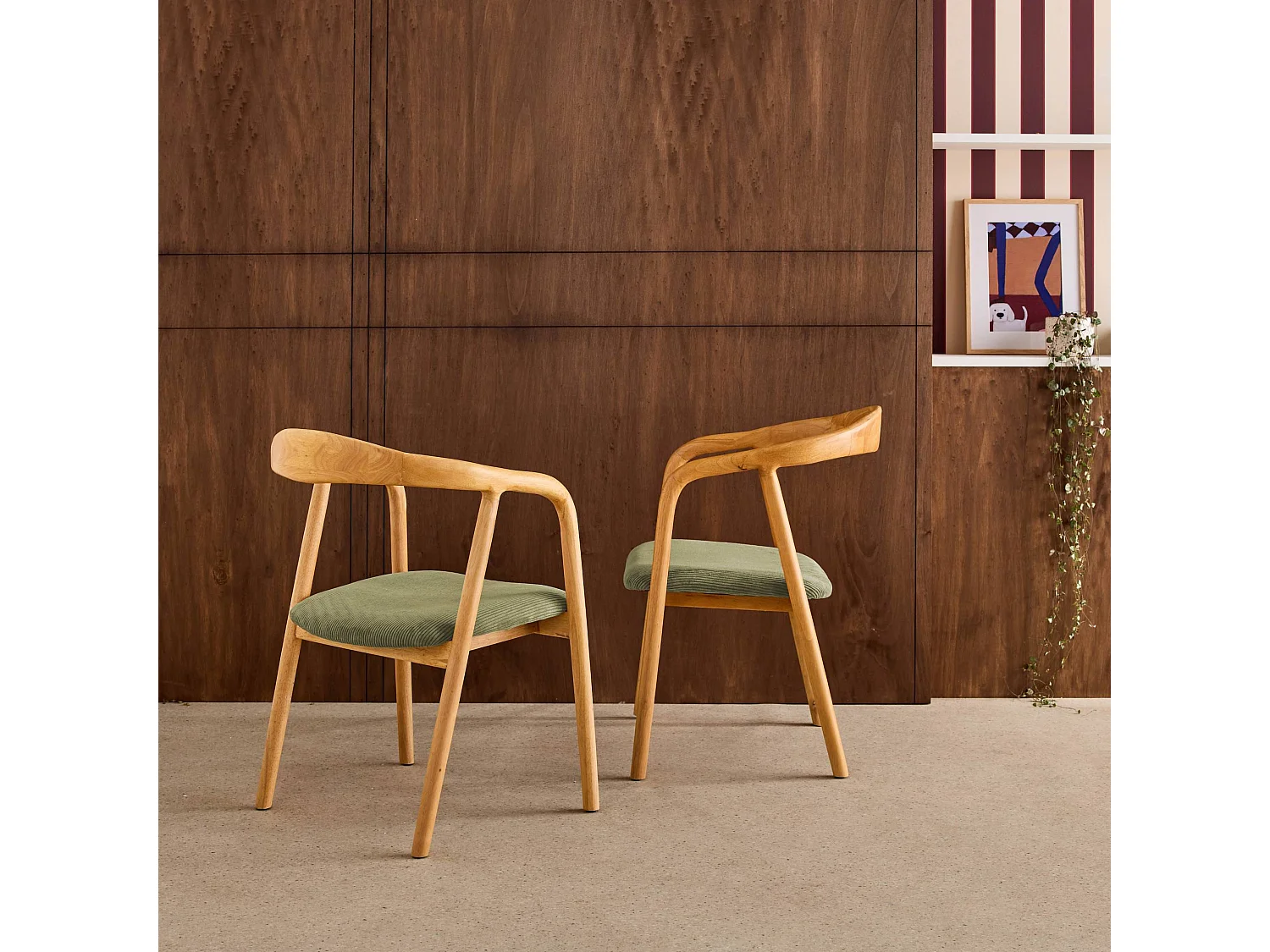 Set di 2 sedie vintage in legno di hevea e velluto a coste Marrone naturale - 55x58x79 cm