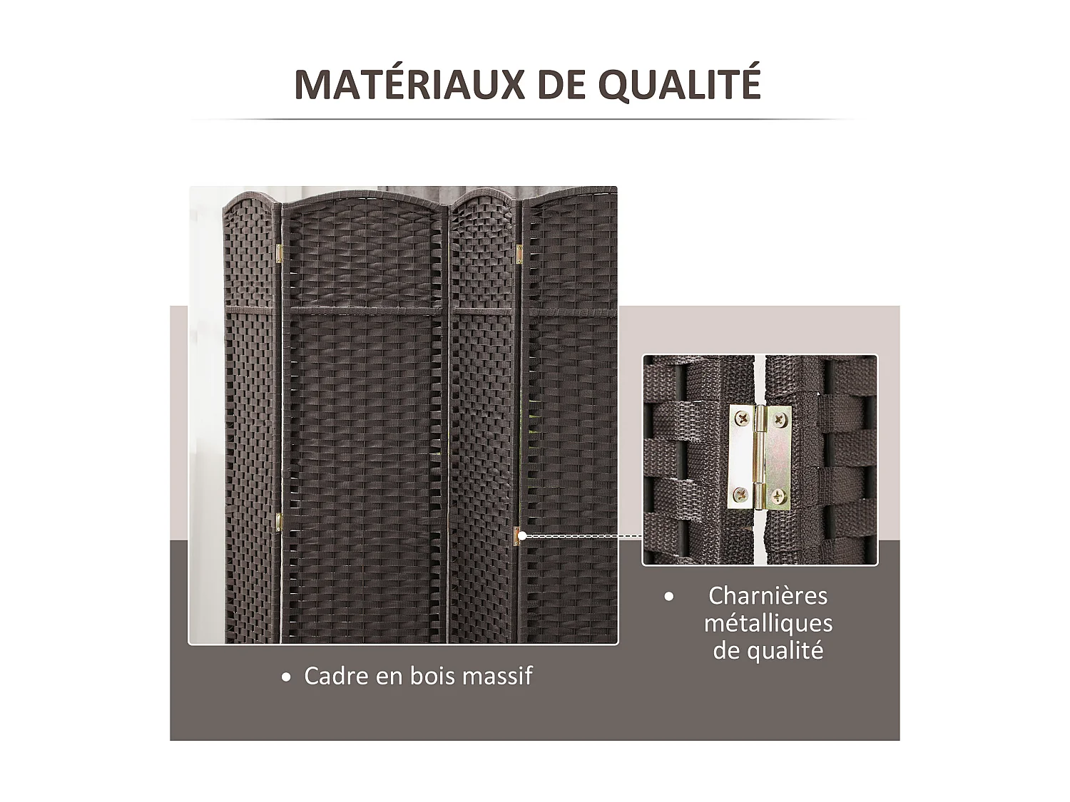 Paravent intérieur pliable 6 panneaux 240 x 170 cm - séparateur de pièce finition tressée - PP  bois pin chocolat
