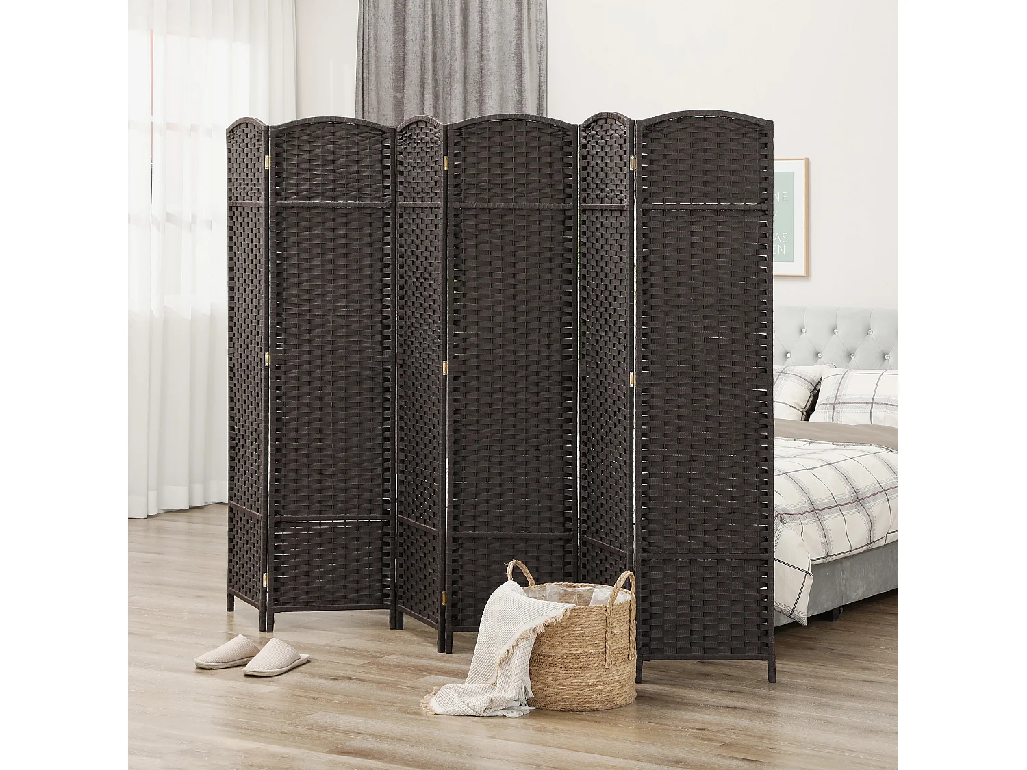Paravent intérieur pliable 6 panneaux 240 x 170 cm - séparateur de pièce finition tressée - PP  bois pin chocolat