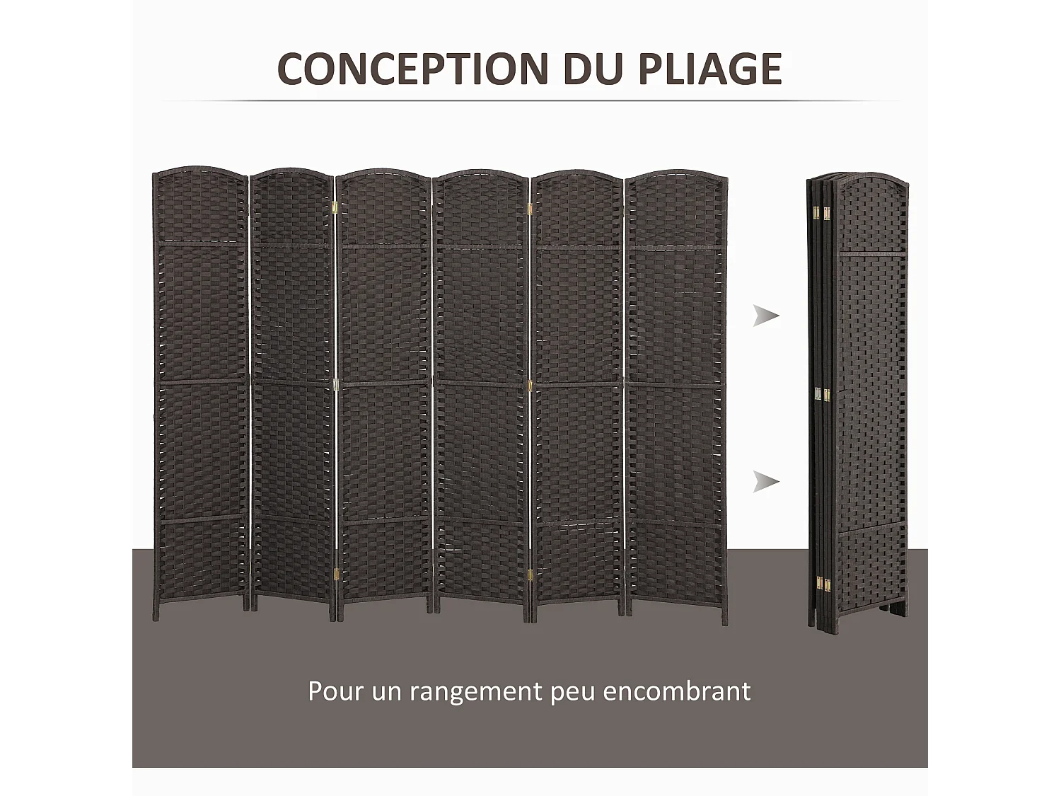 Paravent intérieur pliable 6 panneaux 240 x 170 cm - séparateur de pièce finition tressée - PP  bois pin chocolat
