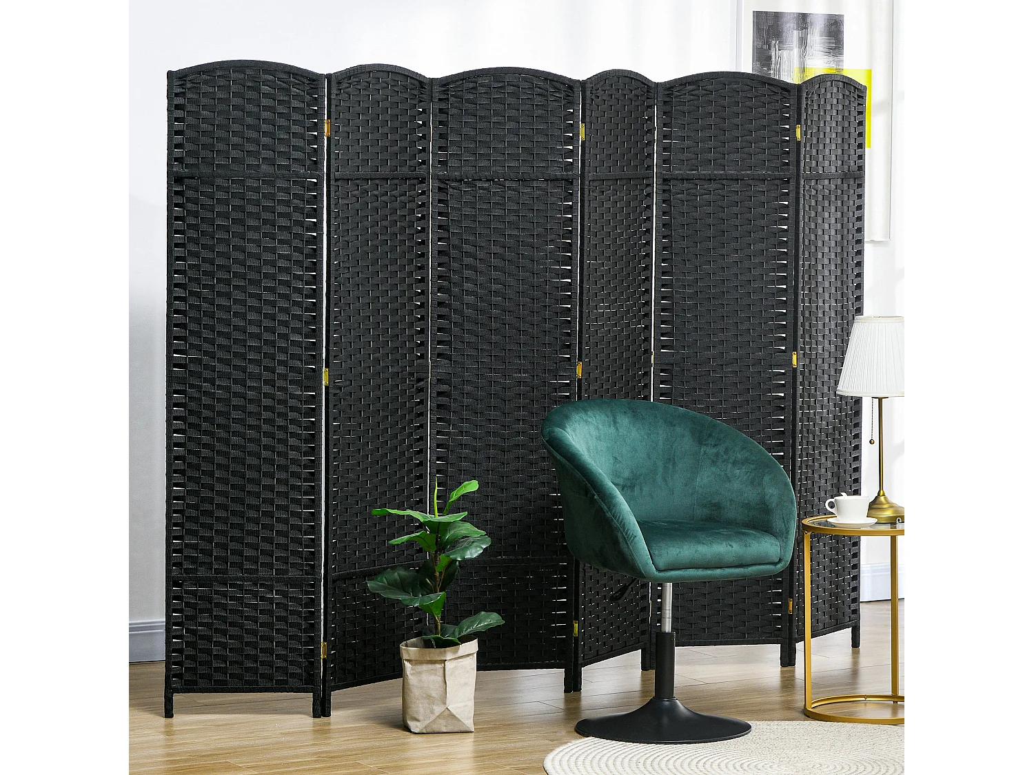 Paravent intérieur pliable 6 panneaux 240 x 170 cm - séparateur de pièce finition tressée - PP  bois pin noir
