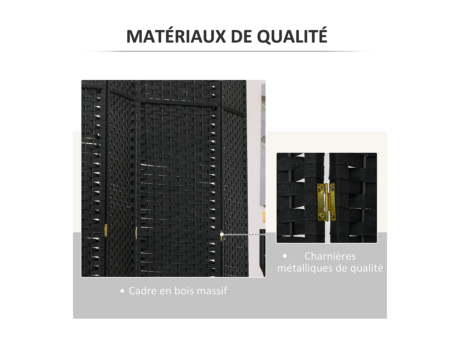 Paravent intérieur pliable 6 panneaux 240 x 170 cm - séparateur de pièce finition tressée - PP  bois pin noir