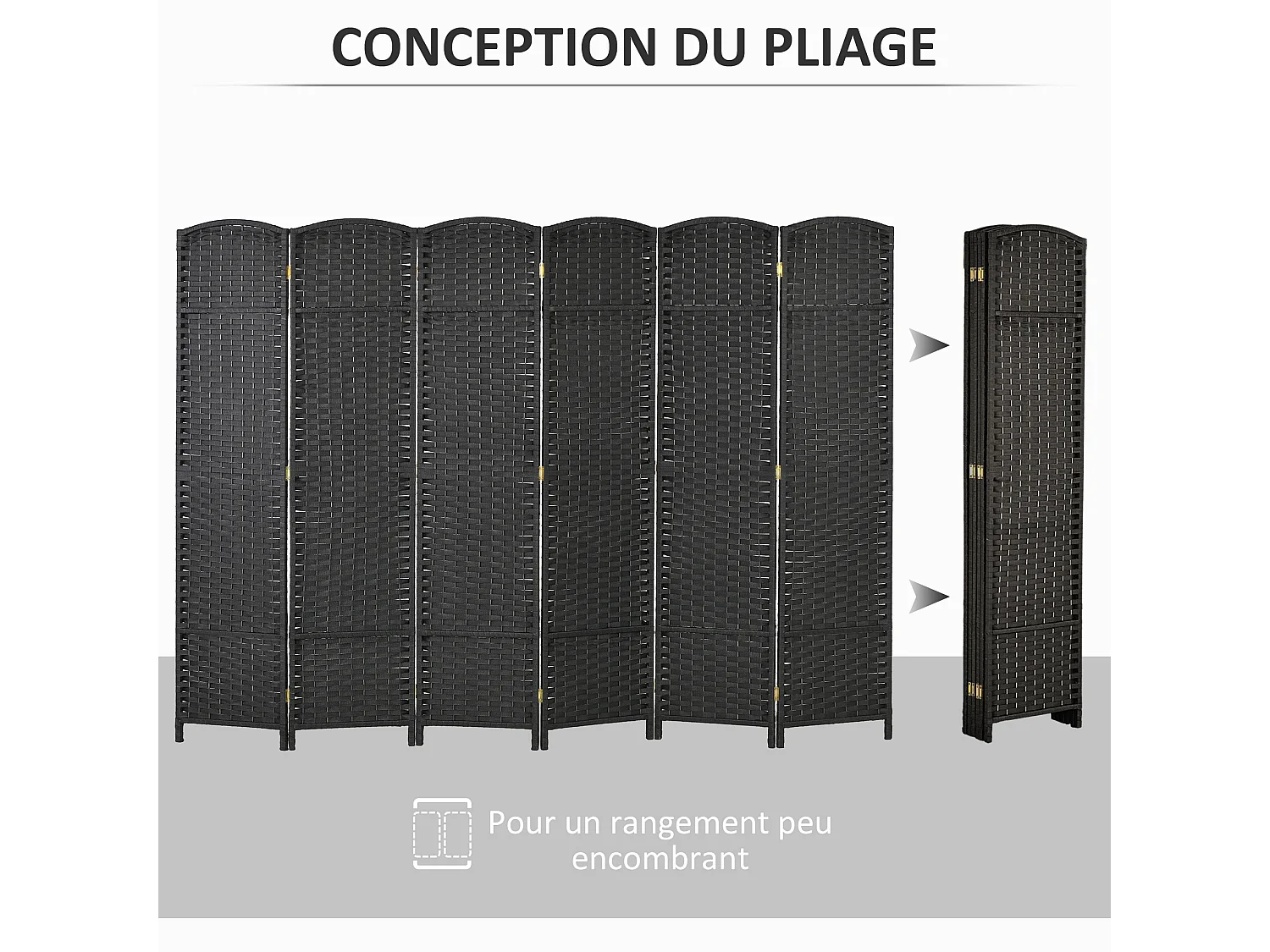 Paravent intérieur pliable 6 panneaux 240 x 170 cm - séparateur de pièce finition tressée - PP  bois pin noir
