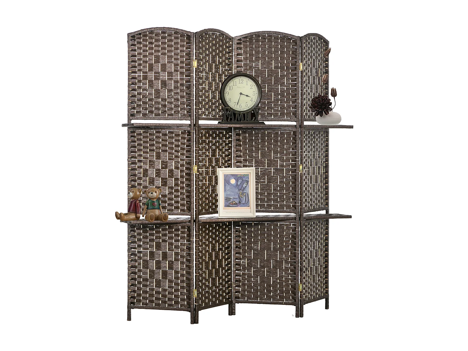 Paravent séparateur de pièce 4 panneaux pliables dim. 160L x 170H cm - 2 étagères - bois fibre papier brun