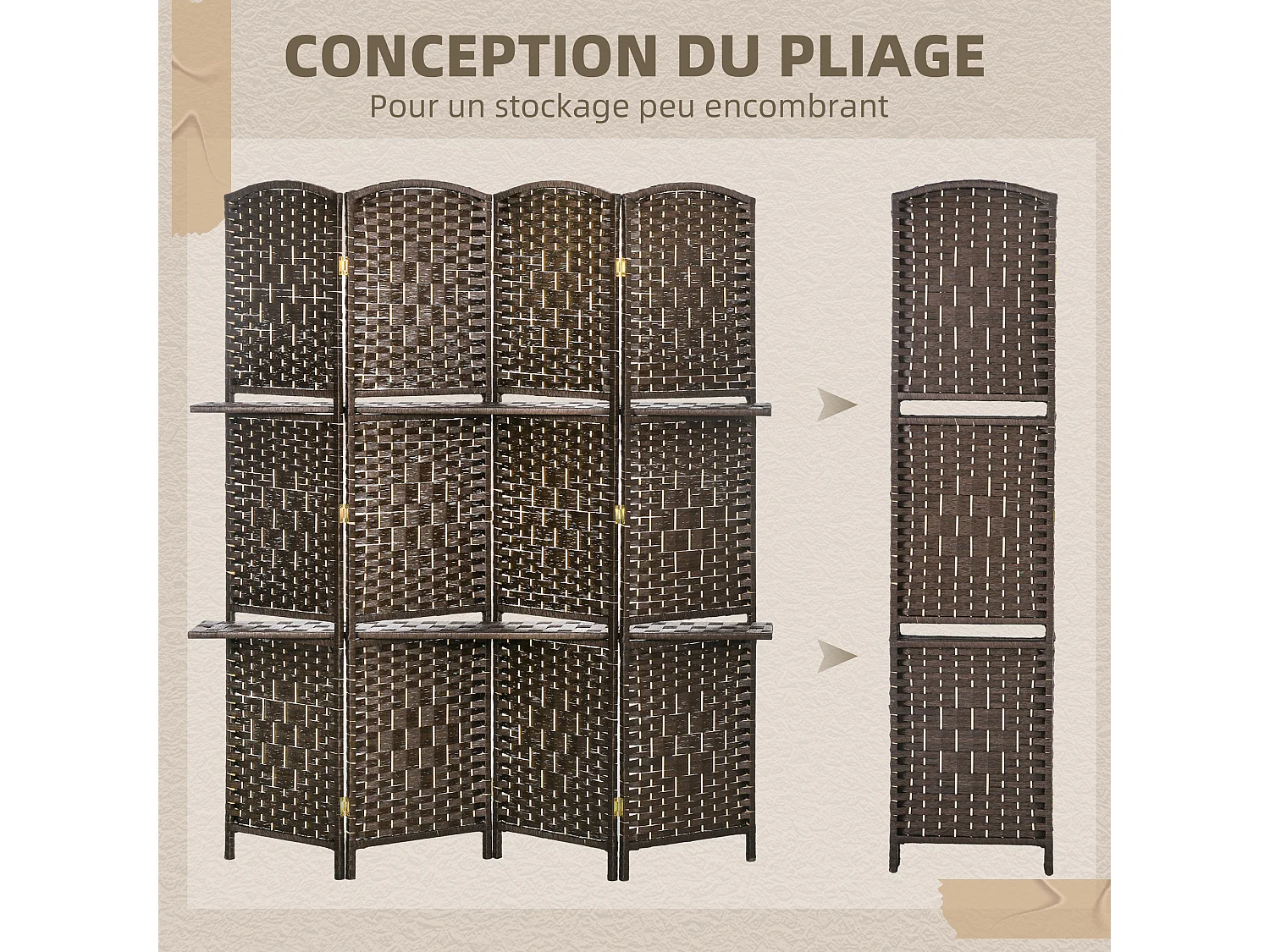 Paravent séparateur de pièce 4 panneaux pliables dim. 160L x 170H cm - 2 étagères - bois fibre papier brun