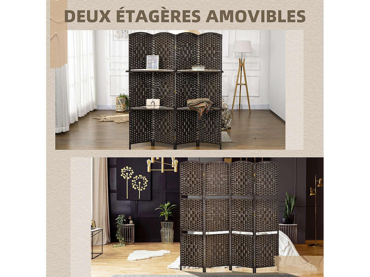 Paravent séparateur de pièce 4 panneaux pliables dim. 160L x 170H cm - 2 étagères - bois fibre papier brun