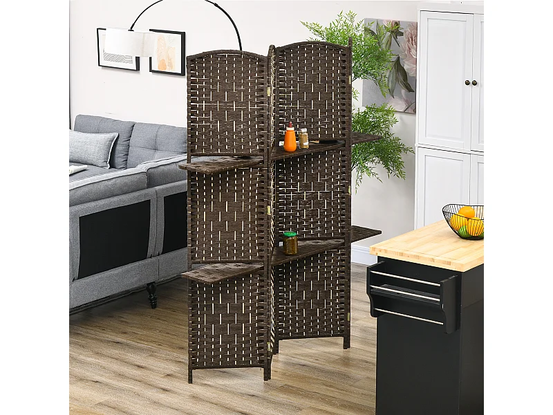 Paravent séparateur de pièce 4 panneaux pliables dim. 160L x 170H cm - 2 étagères - bois fibre papier brun